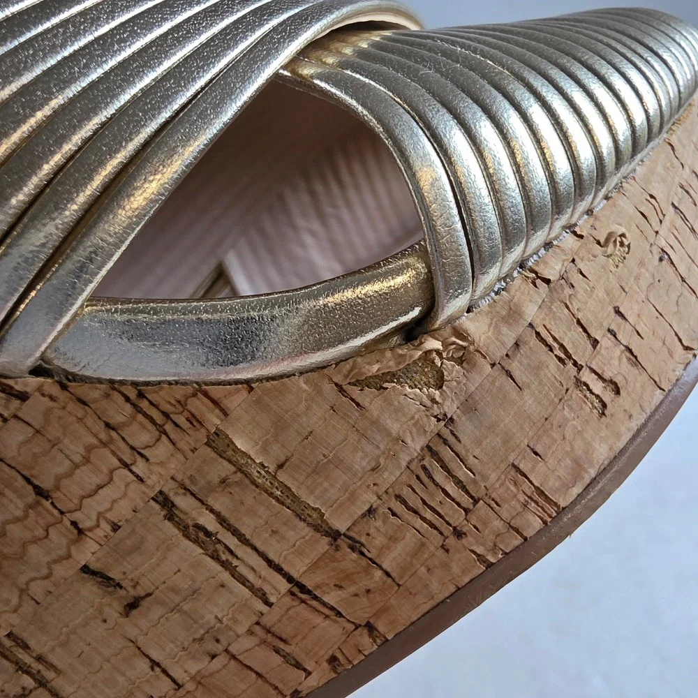Saks Fifth Avenue Loft Gold Metallic Ribbed Crossover Cork Wedge Sandals 8M